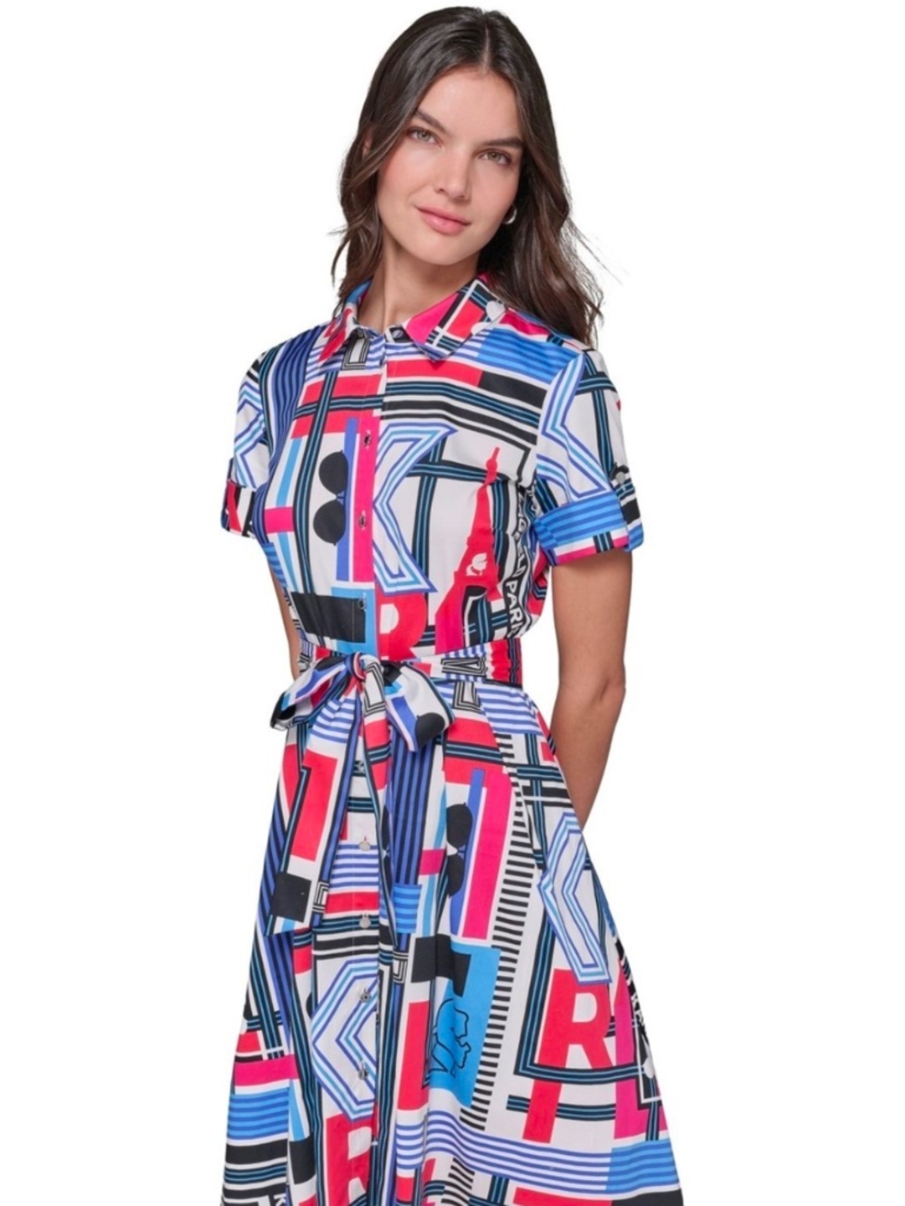 KARL LAGERFELD PARIS Printed  Short-Sleeve Shirtdress Blue White Red size 14